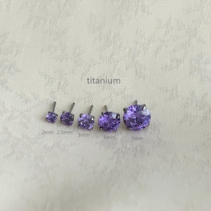 Op de afbeelding: Een verzameling van vijf paarse zirkonia oorstekers in verschillende maten: 2 mm, 2,5 mm, 3 mm, 4 mm en 5 mm. Het woord "titanium" is boven de oorbellen gedrukt. De oorbellen staan op een witte achtergrond.