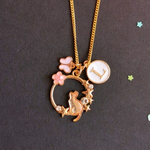 Cat Necklace • Sakura Cat Necklace • Personlized Initial Necklace