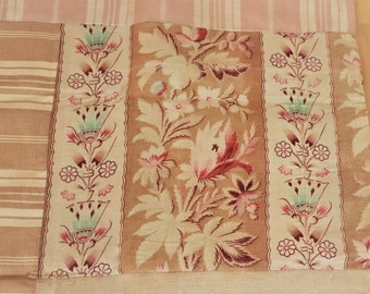 PAIR PANELS Antique French MIXED Fabrics Floral c. 1860 + Home Spun Linen + Stripe Ticking 24 3/4" x 32 1/2" - 63 x 82.5 cm