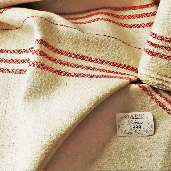 ANTIQUE LINEN Yardage Kitchen Towel Unused Off-White Red Stripes -- Each Piece :  17 1/2" x 90" * 44.5 x 228 cm