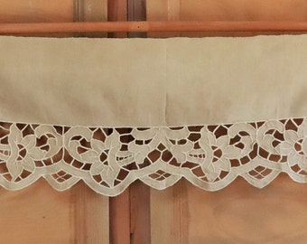 LINEN HAND EMBROIDERED Antique French Lace Linen Large Flowers Leaves  16" x 54" - 40 x 137 cm