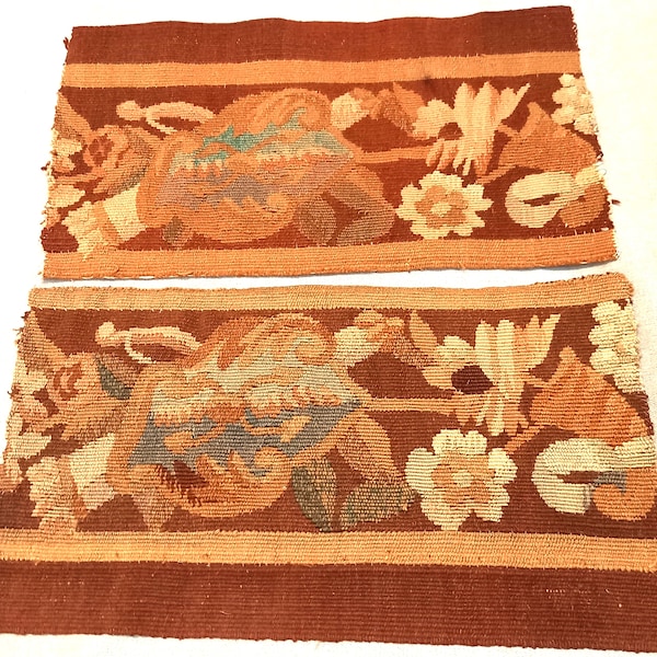 ANTIQUE TAPESTRY Fragments HAND Woven French c. 1800  Shield Flowers 10 1/2 x 19" - 26.5x48 cm