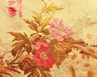 ANTIQUE AUBUSSON TAPESTRY Fragments Hand Made Floral : Roses Poppies 14 1/2 x 15 3/4 - 37 x 40 cm