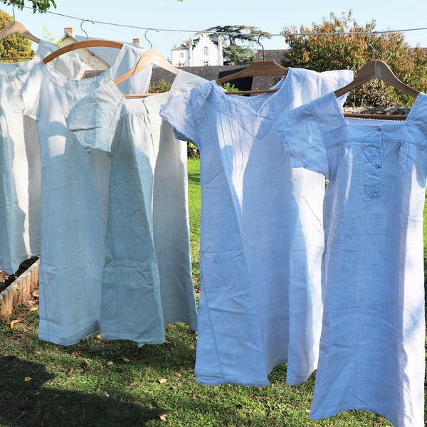 LINEN DRESSES Antique French c. 1900 Home Spun Linen Hand Embroidered Hand Sewn Monogram