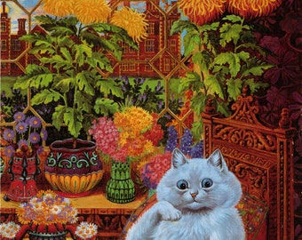 Louis Wain Cat in Garden Room First Cat Illustrator Giclee Funny Cat Cute Cat Illustration Print Reproduction Cat Lover Gift Cat Art Fun