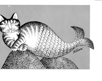 Kliban Cats Vintage Original Print Silly Mermaid Cat