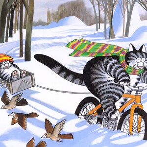 Kliban Cats Vintage Original Print Silly Cat In The Snow On a Bike in the Winter Pulling Kitten