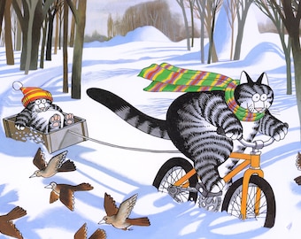 Kliban Cats Vintage Original Print Silly Cat In The Snow On a Bike in the Winter Pulling Kitten