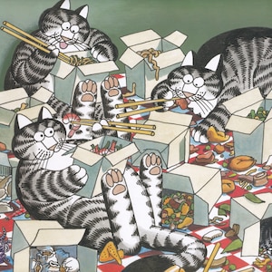 Kliban Cats Vintage Original Print Cats Eating Chinese Takeout Food DNT