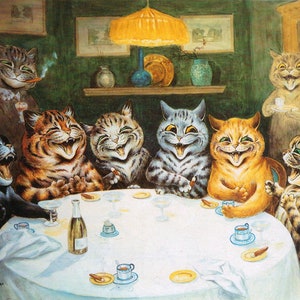 Louis Wain Having Fun At Party First Cat Illustrator Giclee Funny Cat Cute Cat Illustration Print Reproduction Cat Lover Gift Cat Art Fun