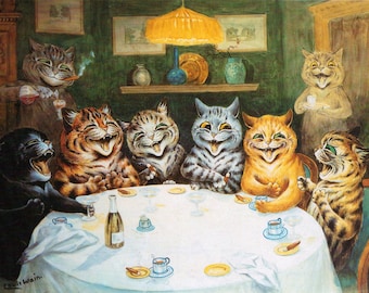 Louis Wain Having Fun At Party First Cat Illustrator Giclee Funny Cat Cute Cat Illustration Print Reproduction Cat Lover Gift Cat Art Fun