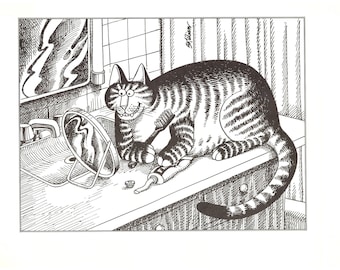 Kliban Cats Vintage Original Print Cat Looking into Vanity Mirror 44