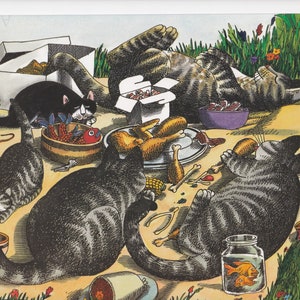 Kliban Cats Vintage Original Print Cats having a Picnic and Over Eating  Large Color D