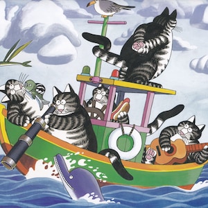 Kliban Cats Vintage Original Print Seafaring Cats Playing On Boat Large DNT