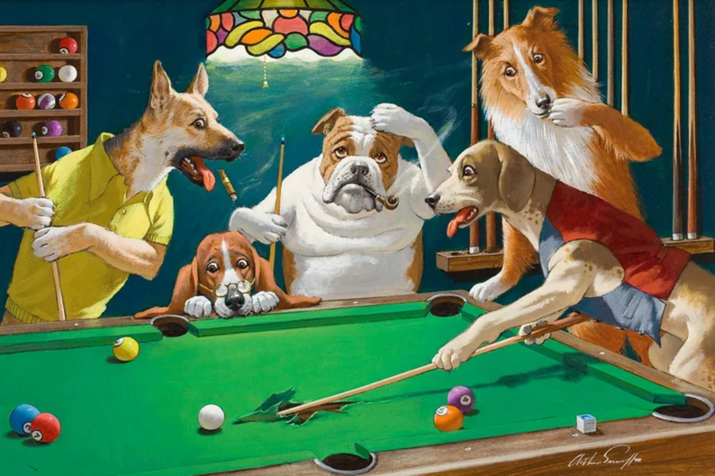 CM Coolidge Dogs 5 Dogs Playing Pool German Shepard Dog Love