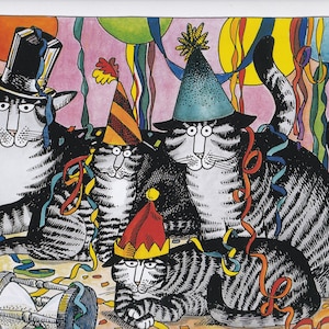 Kliban Cats New Year&#39;s Eve Party: Vintage Color Lithograph Print