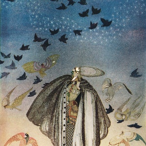 Kay Nielsen Art Nouveau Print: Majestatyczny król, czarne ptaki, 1914 Reprodukcja