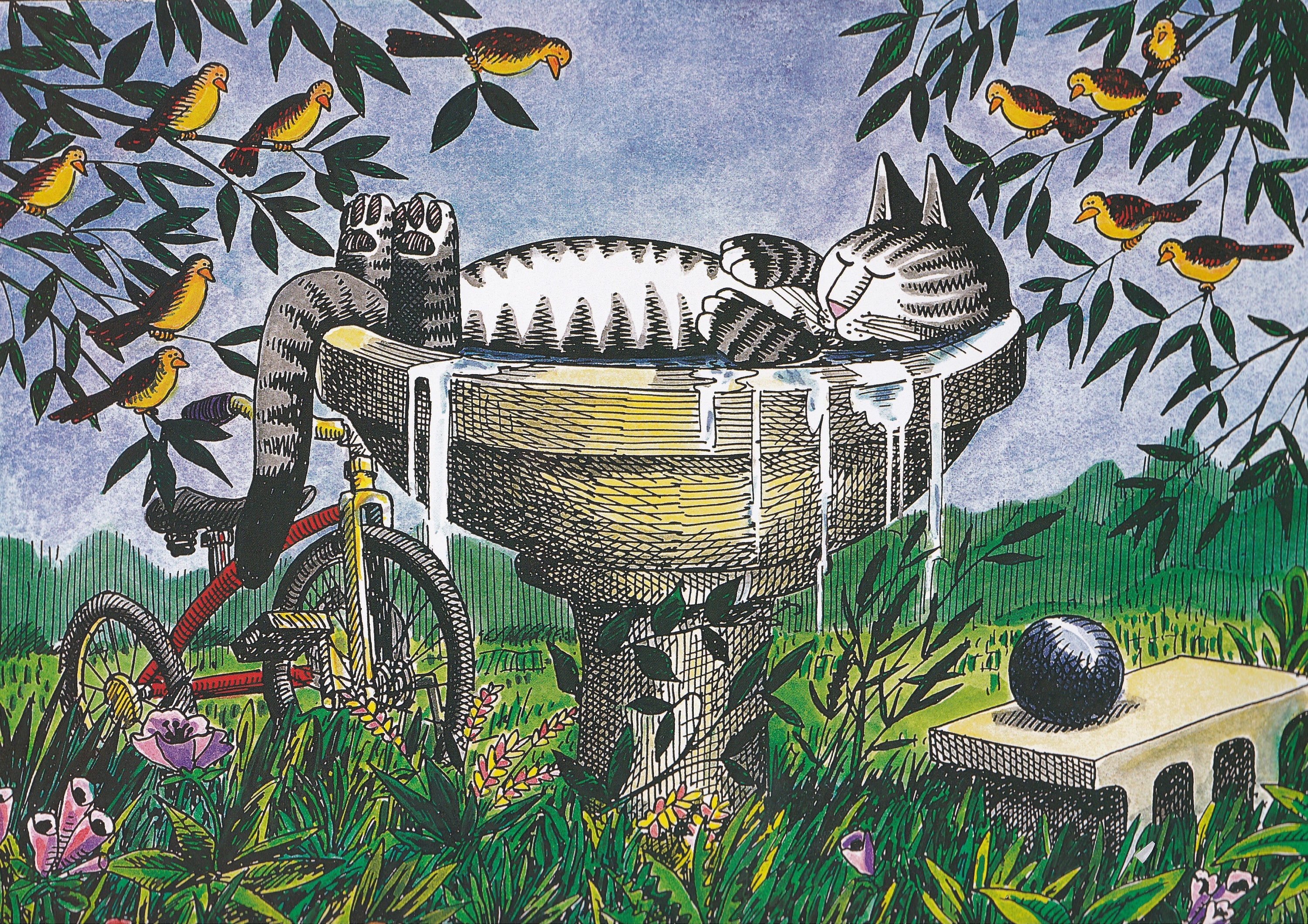 Kliban Cats Vintage Original Print Silly Cat Laying In Bird Bath Color Large D