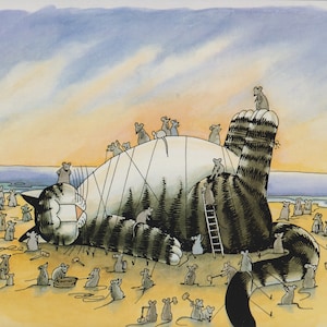 Kliban Tied Down Cat on Beach Cats Vintage Original Print Silly Cat Large D