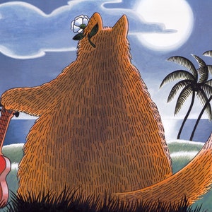 Kliban Cats Vintage Original Print Hawaiian Cat with Palm Trees and Moonlight Large Color D