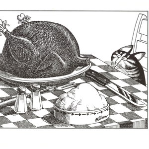 Kliban Cats Vintage Oryginalny wydruk Święto Dziękczynienia Kot sprawdza indyka przy stole obiadowym 27