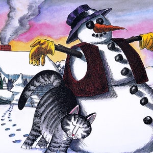 Kliban Cats Vintage Original Print Silly Cat Snuggling Up To A Snowman D