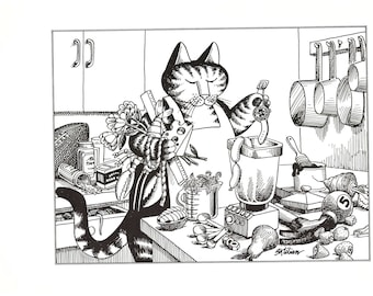 Kliban Cats Vintage Original Print Silly Cat In The Kitchen 50