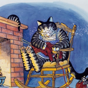 Kliban Cats Vintage Original Print Cat Grandmother Cat Knitting With Kitten on a Yard Ball  Color Med