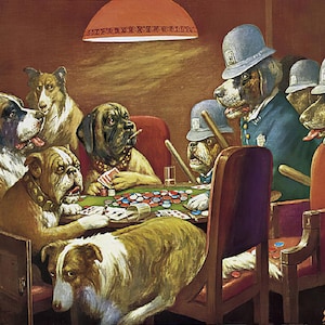 以下が含まれることがあります： ポーカーをしている犬たちの絵画。犬たちは帽子やベストなど、人間の服を着ています。シーンは、テーブルの上に赤いランプシェードが下がっている薄暗い部屋に設定されています。犬たちは皆ゲームに集中しており、テーブルにはチップとカードが散らばっています。