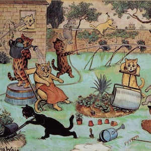 Louis Wain Cats Destroying Garden First Cat Illustrator Giclee Funny Cat Cute Cat Illustration Print Reproduction Cat Lover Gift Cat Art Fun