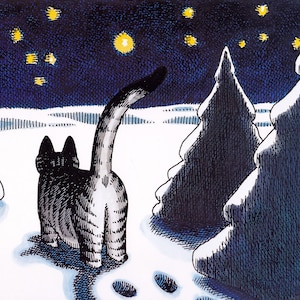 Impresión original vintage de Kliban Cats, gato rastreando en la nieve bajo una noche estrellada, gran color D