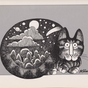 Kliban Katzen Vintage Original Druck Mond Sterne Wolken auf Katze