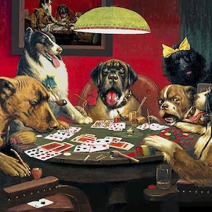 CM Coolidge Cães 6 Cães Jogando Cartas Francês Poodle Bull Dog Fine Art Prints Dog Early Dog Art Um Amigo Necessitado