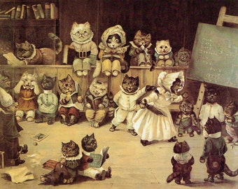 Louis Wain Cat At School First Cat Illustrator Giclee Funny Cat Cute Cat Illustration Print Reproduction Cat Lover Gift Cat Art Fun