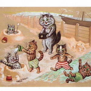 Louis Wain Cats Enjoying Beach  First Cat Illustrator Giclee Funny Cat Cute Cat Illustration Print Reproduction Cat Lover Gift Cat Art Fun