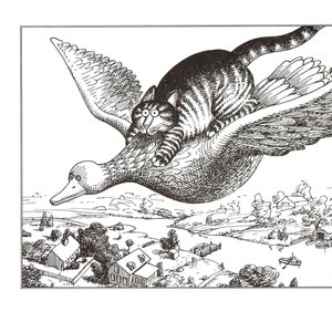 Kliban Cats Vintage Original Print Cat On Goose Flying 36
