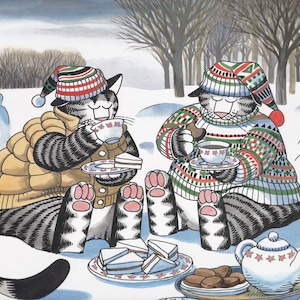 Kliban Cats Vintage Original Print Cat Having Tea/Coffee/Cookies In Winter Large  D