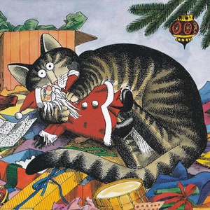 Impression originale vintage de Kliban Cats, chat de Noël sous le sapin, couleur D