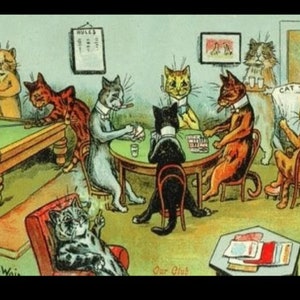 Louis Wain Cats Poker & Pool  First Cat Illustrator Giclee Funny Cat Cute Cat Illustration Print Reproduction Cat Lover Gift Cat Art Fun