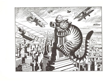 Kliban Cats Vintage Original Print Cat On Empire State Building With Bi Wing Airplanes 56