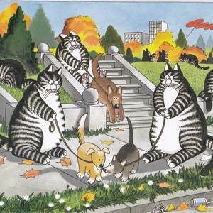 Kliban Cats Vintage Original Print Cats Walking The Dogs 7