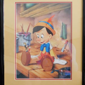 Walt Disney Lithograph 1994 featuring Pinocchio and Jiminy Cricket, Matted and Framed High-Quality Print