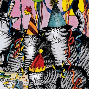 Kliban Cats Vintage Original Print New Year's Eve Party Cats Large Color D