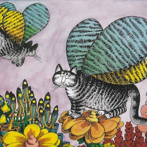 Kliban Cats Vintage Original Print Cats with Wings Like Butterflies Large Color D