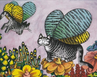 May include: Whimsical illustration of two cats with butterfly wings. One cat is perched on a flower, the other is flying above. The artwork features a vibrant color palette with yellow, blue, and pink hues, creating a playful and imaginative scene.