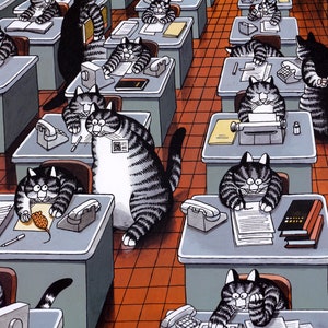 Kliban Cats Vintage Original Print Cat Office Cats with a Computer Mouse Color