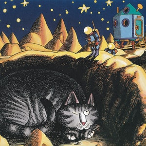 Impression originale vintage Kliban Cats Silly Cat dans l'espace sur une autre planète, couleur grand D