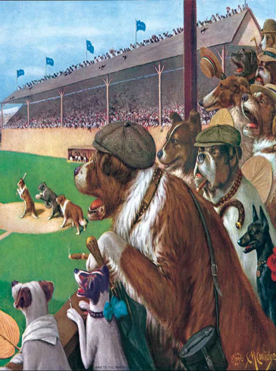 CM Coolidge Dogs at Baseball Game Dog Love Painting Bull Dog Fine Art Prints Dog Early Dog Art A