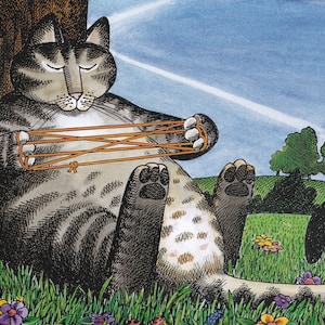 Kliban Cats Vintage Original Print Cat Playing with String Large Color No Signature D