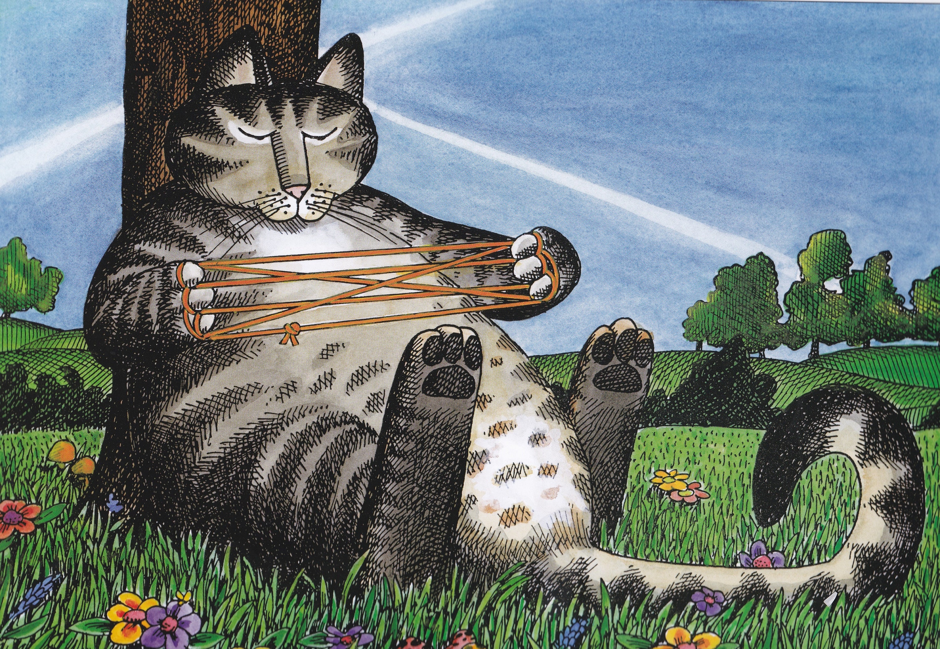 Kliban Cats Vintage Original Print Cat Playing With String Large